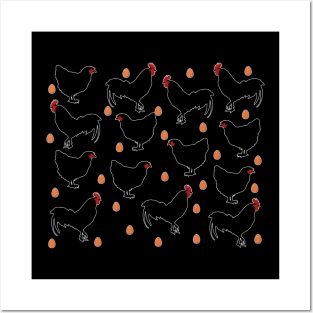 Chickens, cockerels and eggs on a black backround Posters and Art